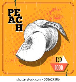 Hand drawn sketch style peach fruits. Vintage eco food vector poster. Yellow halftone background.
