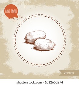 Hand drawn sketch style peanut kernels group. Roasted or fresh seeds isolated on old looking background. Organic food, cosmetic component. Vector illustration.