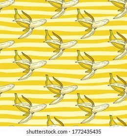 Hand drawn sketch style peeled banana seamless pattern on the background of yellow stripes. Vector backdrop for textile, print, wrapper.