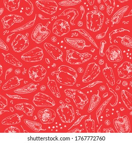Hand drawn sketch style peppers on red background. Vector seamless pattern for label, menu, print, postcard.