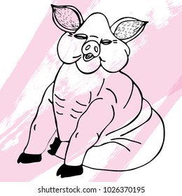 Hand drawn sketch style piggy cheerful.Vector illustration
