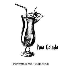 Hand drawn sketch style Pina Colada cocktail isolated on white background. Vector illustration.