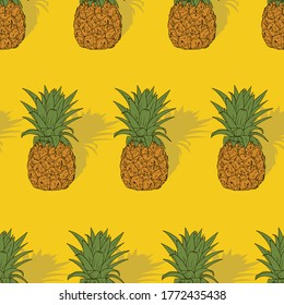 Hand drawn sketch style pineapple seamless pattern. Pineapples cast a shadow. Yellow background. Vector pattern for textile, print, wrapper.