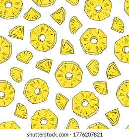 Hand drawn sketch style pineapple rings and slices seamless pattern. Colorful background. Vector pattern for packaging, textile, print, wrapper.