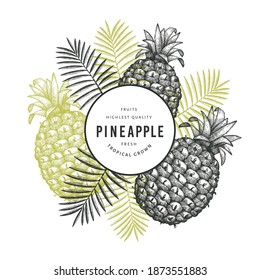Hand drawn sketch style pineapple banner. Organic fresh fruit vector illustration on white background. Engraved style botanical design template.