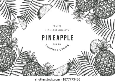 Hand drawn sketch style pineapple banner. Organic fresh fruit vector illustration on white background. Engraved style botanical design template.