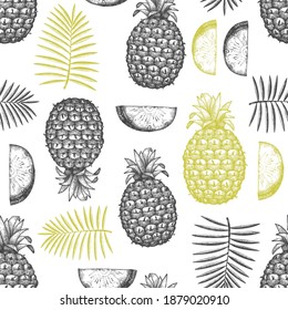 Hand drawn sketch style pineapple seamless pattern. Organic fresh fruit vector illustration on white background. Engraved style botanical design.