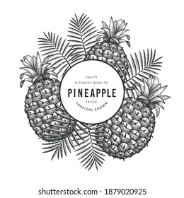 Hand drawn sketch style pineapple banner. Organic fresh fruit vector illustration on white background. Engraved style botanical design template.