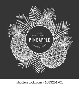 Hand drawn sketch style pineapple banner. Organic fresh fruit vector illustration on chalk board. Botanical design template.