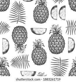 Hand drawn sketch style pineapple seamless pattern. Organic fresh fruit vector illustration on white background. Engraved style botanical design.