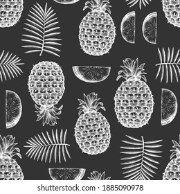 Handgezeichnete Ananas im Stil einer Skizze nahtloses Muster. Bio-frisches Obst, Vektorgrafik-Kreide. Botanischer tropischer Hintergrund.