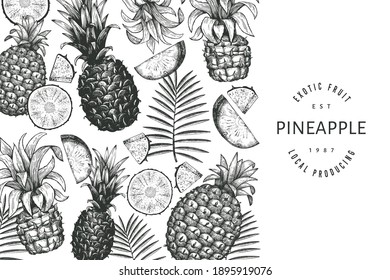 Hand drawn sketch style pineapple banner. Organic fresh fruit vector illustration. Engraved style botanical design template.