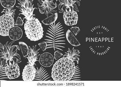 Hand drawn sketch style pineapple banner. Organic fresh fruit vector illustration on chalk board. Botanical design template.