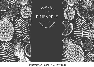 Hand drawn sketch style pineapple banner. Organic fresh fruit vector illustration on chalk board. Botanical design template.