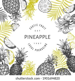 Hand drawn sketch style pineapple banner. Organic fresh fruit vector illustration. Engraved style botanical design template.