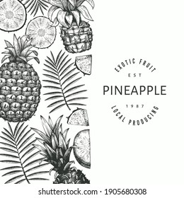Hand drawn sketch style pineapple banner. Organic fresh fruit vector illustration. Engraved style botanical design template.