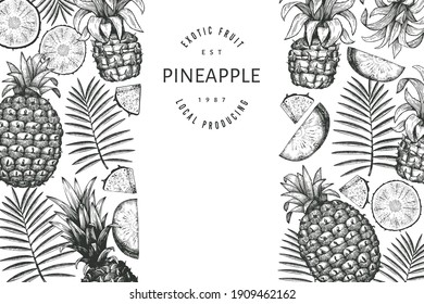 Hand drawn sketch style pineapple banner. Organic fresh fruit vector illustration. Engraved style botanical design template.