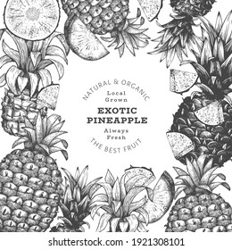 Hand drawn sketch style pineapple banner. Organic fresh fruit vector illustration. Engraved style botanical design template.