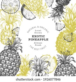 Hand drawn sketch style pineapple banner. Organic fresh fruit vector illustration. Engraved style botanical design template.