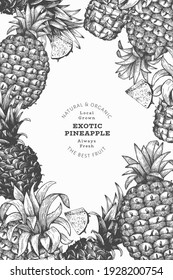 Hand drawn sketch style pineapple banner. Organic fresh fruit vector illustration. Engraved style botanical design template.