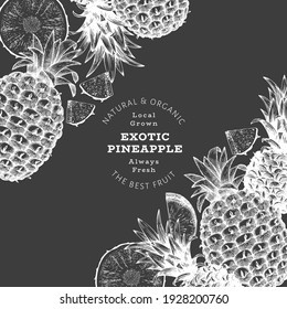 Hand drawn sketch style pineapple banner. Organic fresh fruit vector illustration on chalk board. Botanical design template.