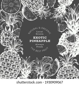 Hand drawn sketch style pineapple banner. Organic fresh fruit vector illustration on chalk board. Botanical design template.