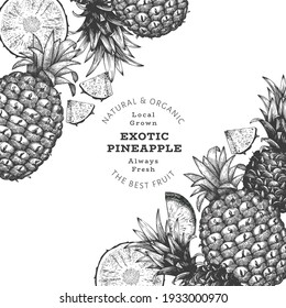 Banner de dibujo manual de dibujo estilo piña. Ilustración vectorial de fruta fresca orgánica. Plantilla de diseño botánico de estilo grabado.