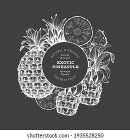 Hand drawn sketch style pineapple banner. Organic fresh fruit vector illustration on chalk board. Botanical design template.