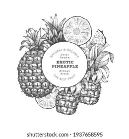 Hand drawn sketch style pineapple banner. Organic fresh fruit vector illustration. Engraved style botanical design template.