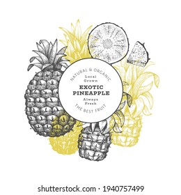 Hand drawn sketch style pineapple banner. Organic fresh fruit vector illustration. Engraved style botanical design template.