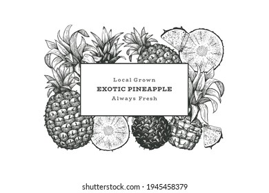 Hand drawn sketch style pineapple banner. Organic fresh fruit vector illustration. Engraved style botanical design template.