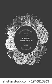 Hand drawn sketch style pineapple banner. Organic fresh fruit vector illustration on chalk board. Botanical design template.