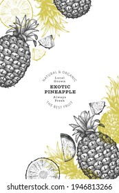 Hand drawn sketch style pineapple banner. Organic fresh fruit vector illustration. Engraved style botanical design template.