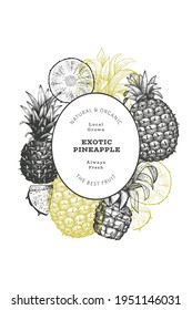 Hand drawn sketch style pineapple banner. Organic fresh fruit vector illustration. Engraved style botanical design template.