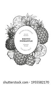 Hand drawn sketch style pineapple banner. Organic fresh fruit vector illustration. Engraved style botanical design template.