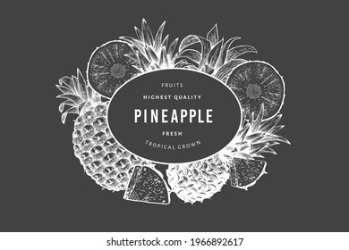 Hand drawn sketch style pineapple banner. Organic fresh fruit vector illustration on chalk board. Botanical design template.