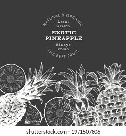Hand drawn sketch style pineapple banner. Organic fresh fruit vector illustration on chalk board. Botanical design template.