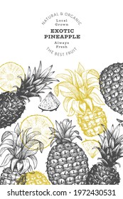Hand drawn sketch style pineapple banner. Organic fresh fruit vector illustration. Engraved style botanical design template.