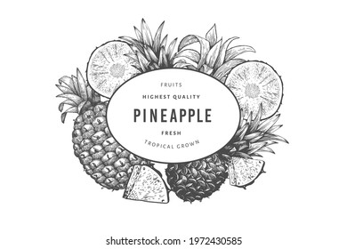 Hand drawn sketch style pineapple banner. Organic fresh fruit vector illustration. Engraved style botanical design template.