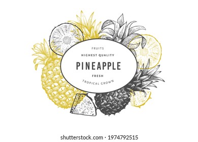 Hand drawn sketch style pineapple banner. Organic fresh fruit vector illustration. Engraved style botanical design template.