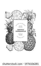 Hand drawn sketch style pineapple banner. Organic fresh fruit vector illustration. Engraved style botanical design template.