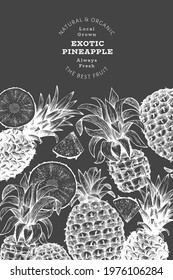 Hand drawn sketch style pineapple banner. Organic fresh fruit vector illustration on chalk board. Botanical design template.
