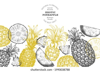 Banner de dibujo manual de dibujo estilo piña. Ilustración vectorial de fruta fresca orgánica. Plantilla de diseño botánico de estilo grabado.