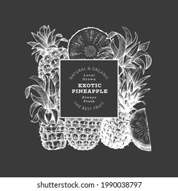 Hand drawn sketch style pineapple banner. Organic fresh fruit vector illustration on chalk board. Botanical design template.