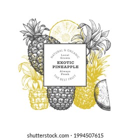 Hand drawn sketch style pineapple banner. Organic fresh fruit vector illustration. Engraved style botanical design template.