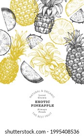 Hand drawn sketch style pineapple banner. Organic fresh fruit vector illustration. Engraved style botanical design template.