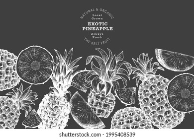 Hand drawn sketch style pineapple banner. Organic fresh fruit vector illustration on chalk board. Botanical design template.