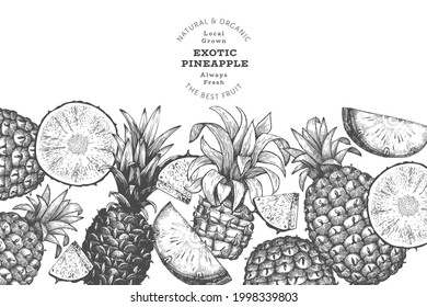 Banner de dibujo manual de dibujo estilo piña. Ilustración vectorial de fruta fresca orgánica. Plantilla de diseño botánico de estilo grabado.