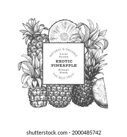 Hand drawn sketch style pineapple banner. Organic fresh fruit vector illustration. Engraved style botanical design template.