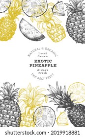 Banner de dibujo manual de dibujo estilo piña. Ilustración vectorial de fruta fresca orgánica. Plantilla de diseño botánico de estilo grabado.